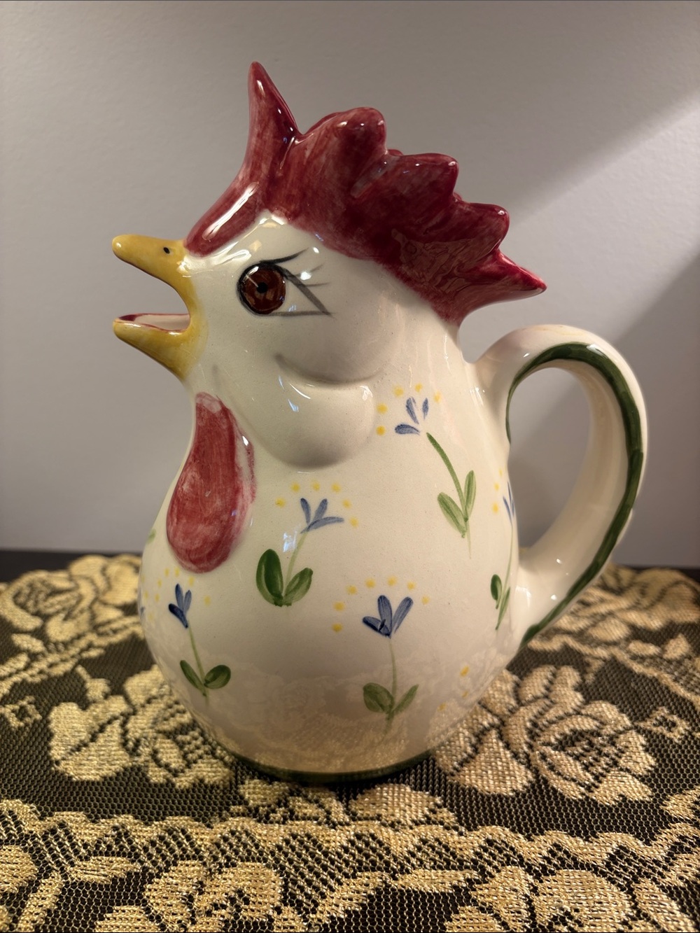 Hand-Painted Ceramic Rooster Pitcher - White and Red
